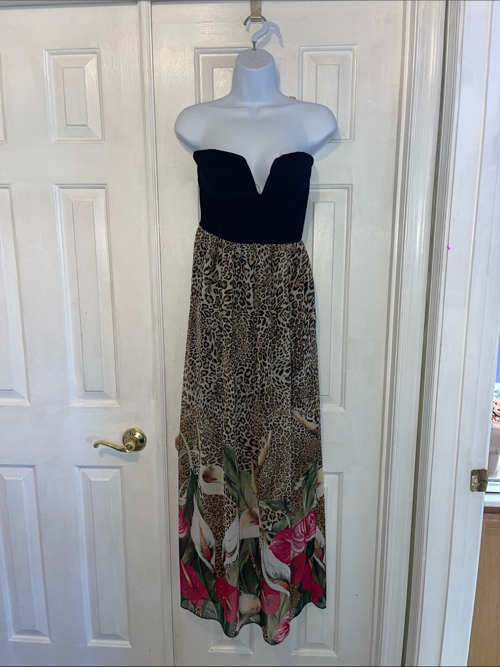 Strapless Black Bodice Maxi Dress with Leopard & Floral Skirt